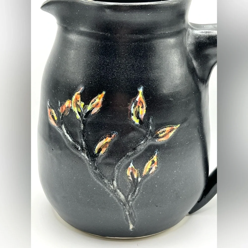 Studio Art Pottery Ceramic Black Pitcher Floral Design Heavy Decorative Vase 5.5